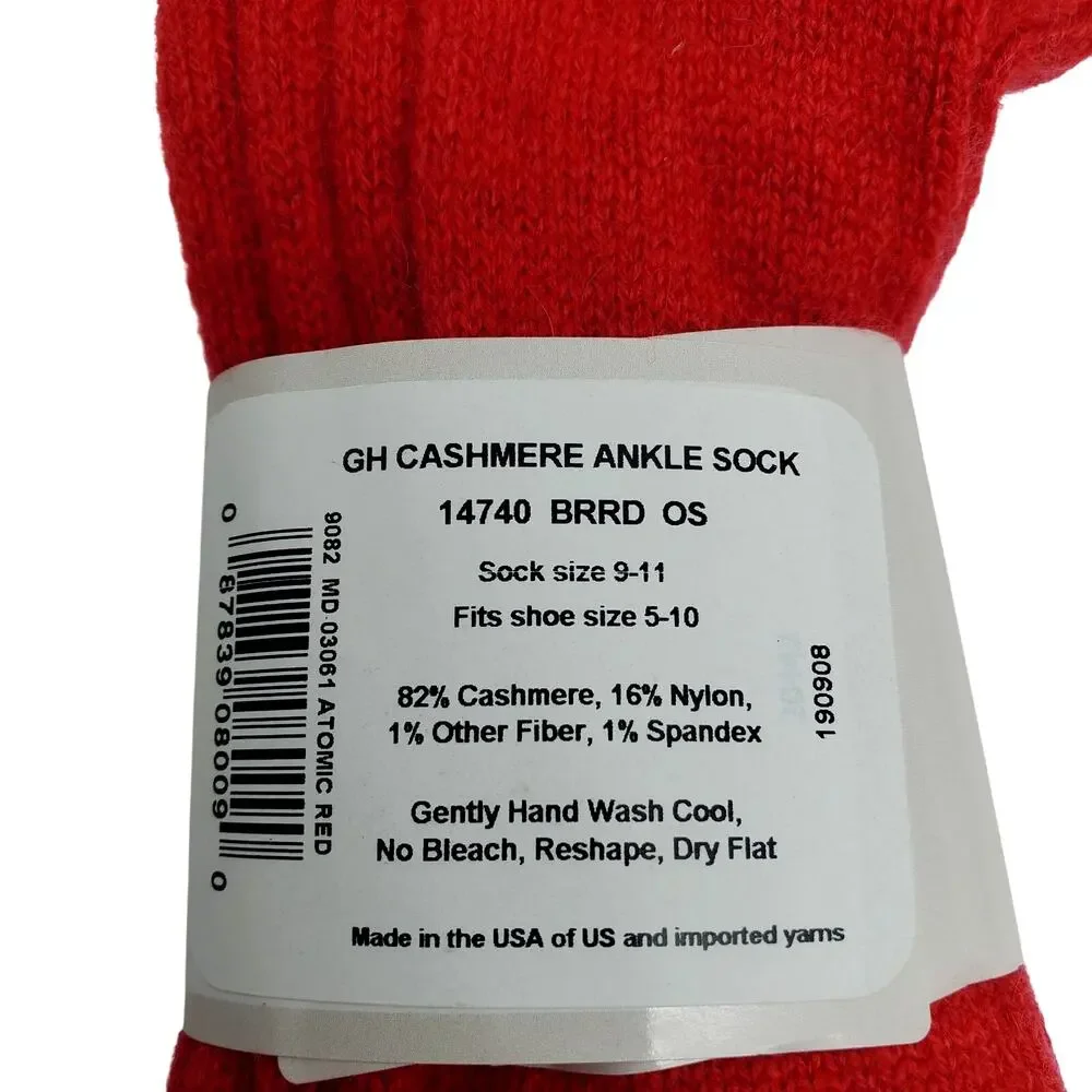 NEW Garnet Hill Ankle Socks 9-11 Atomic Red 82% Cashmere Warm Cozy Holiday Gifts